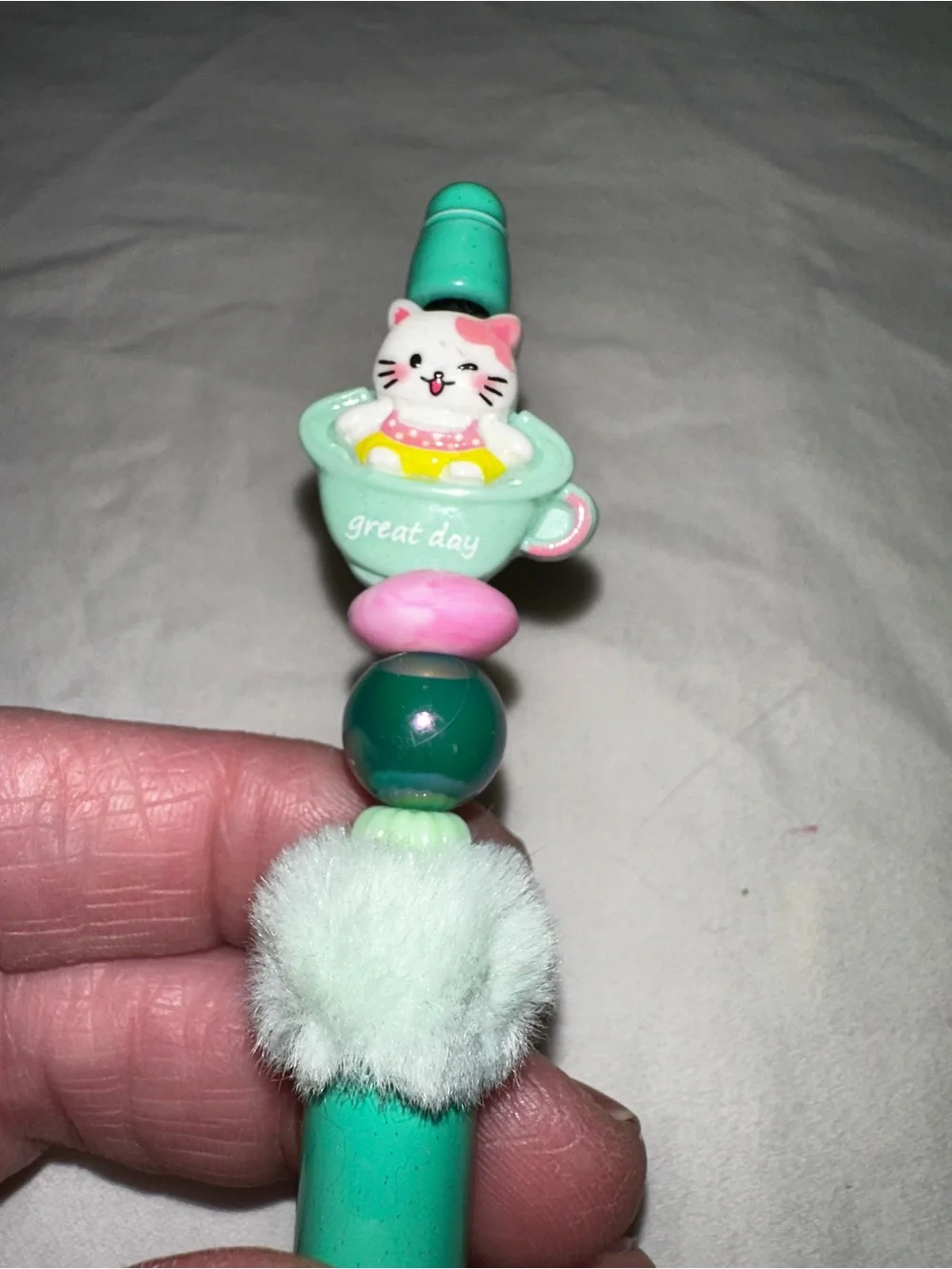 Cute Mint Cat in a cup with “great day” for a positive vibe custom pen